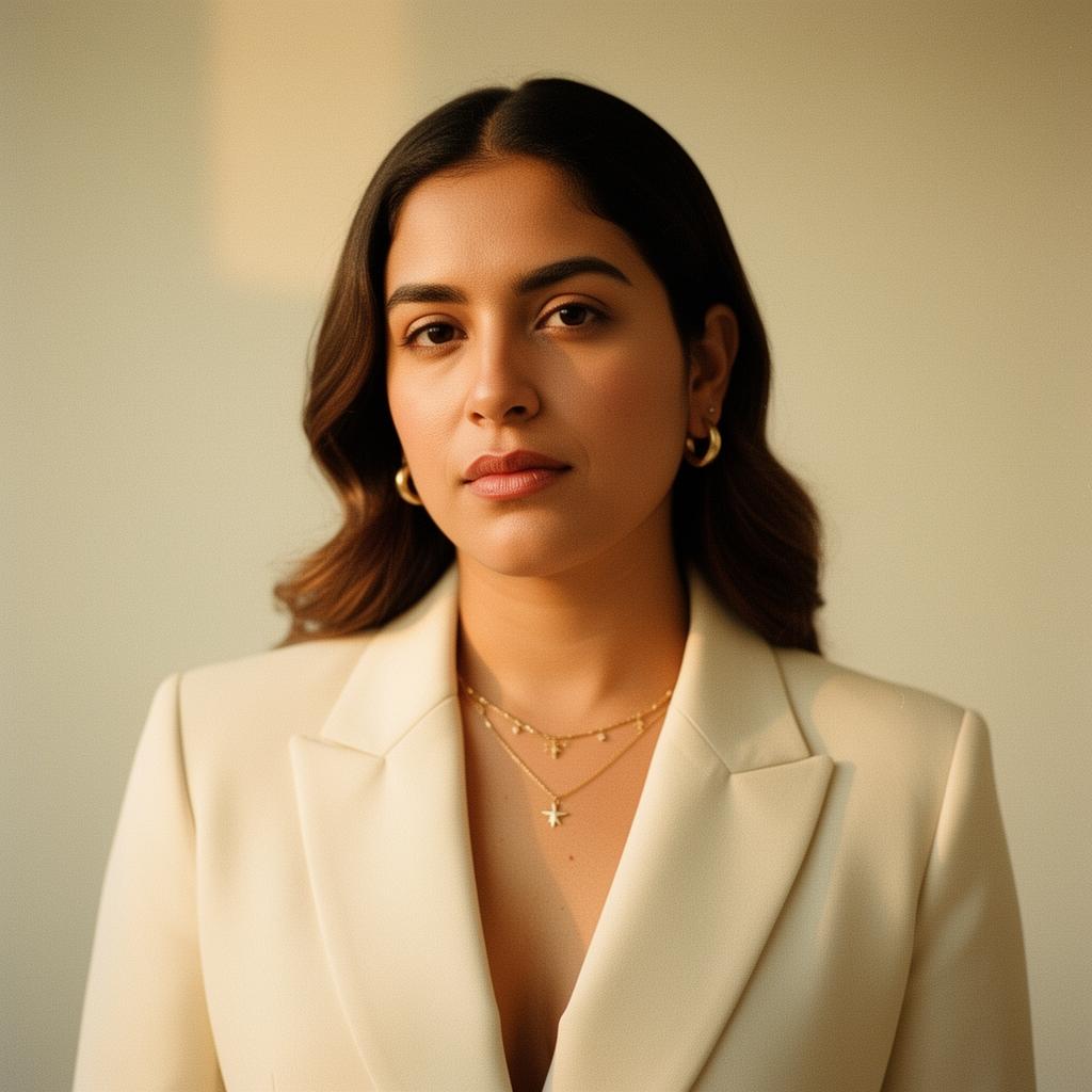 First-generation Hispanic woman in a cream blazer, looking forward with quiet authority