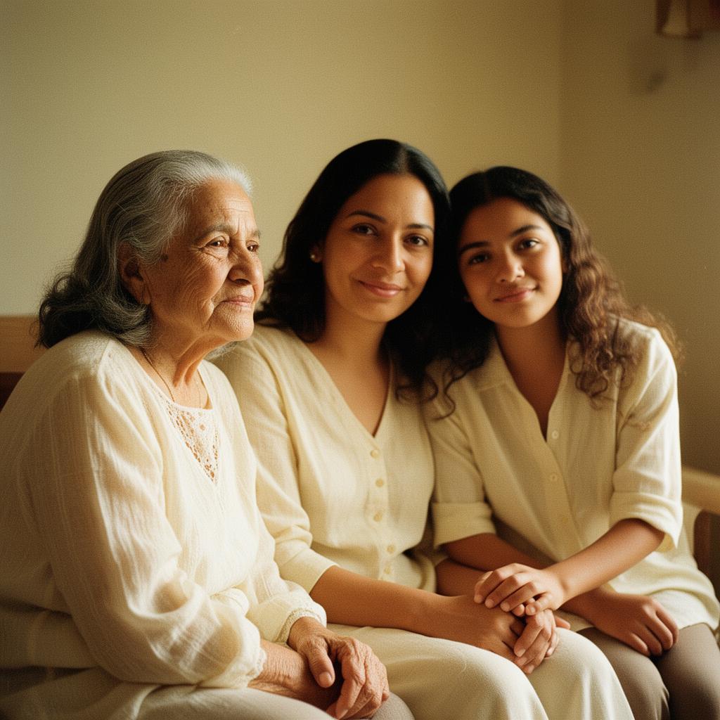 Three generations of a Hispanic family sitting together in warm light